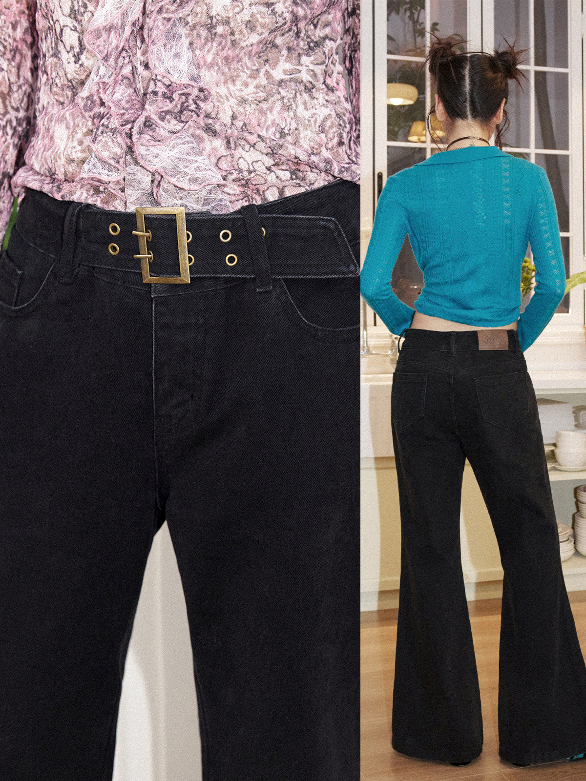 vintage Black Wide Belt Low-Rise Slightly Flared Casual Pants【s0000018582】