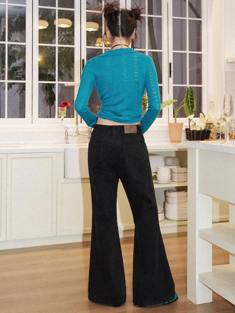 vintage Black Wide Belt Low-Rise Slightly Flared Casual Pants【s0000018582】