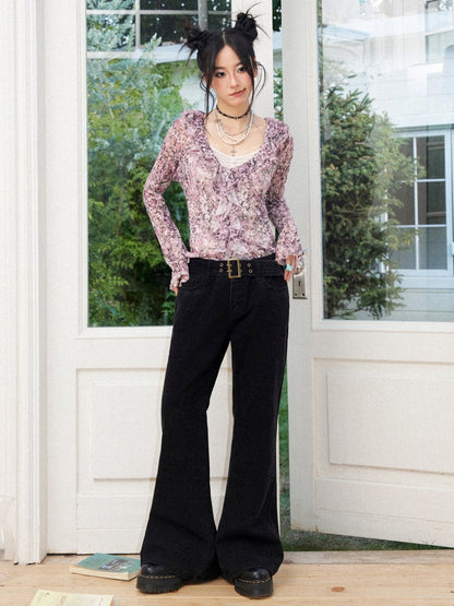 vintage Black Wide Belt Low-Rise Slightly Flared Casual Pants【s0000018582】