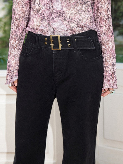 vintage Black Wide Belt Low-Rise Slightly Flared Casual Pants【s0000018582】