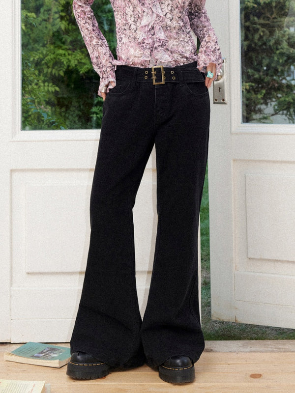 vintage Black Wide Belt Low-Rise Slightly Flared Casual Pants【s0000018582】