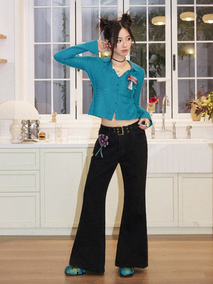 vintage Black Wide Belt Low-Rise Slightly Flared Casual Pants【s0000018582】