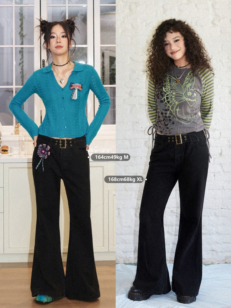 vintage Black Wide Belt Low-Rise Slightly Flared Casual Pants【s0000018582】