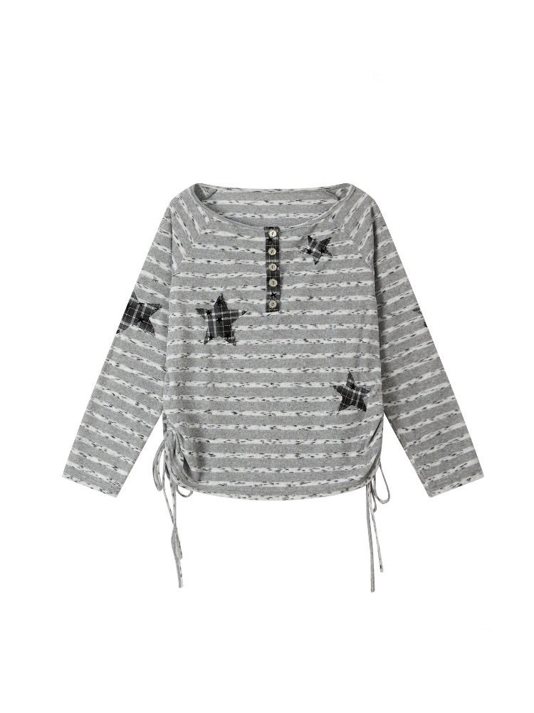 Striped Off-Shoulder Long Sleeve T-Shirt【s0000018583】