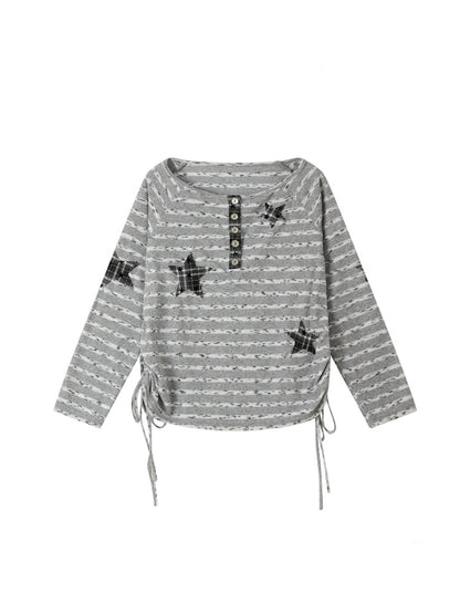 Striped Off-Shoulder Long Sleeve T-Shirt【s0000018583】