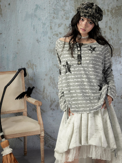 Striped Off-Shoulder Long Sleeve T-Shirt【s0000018583】