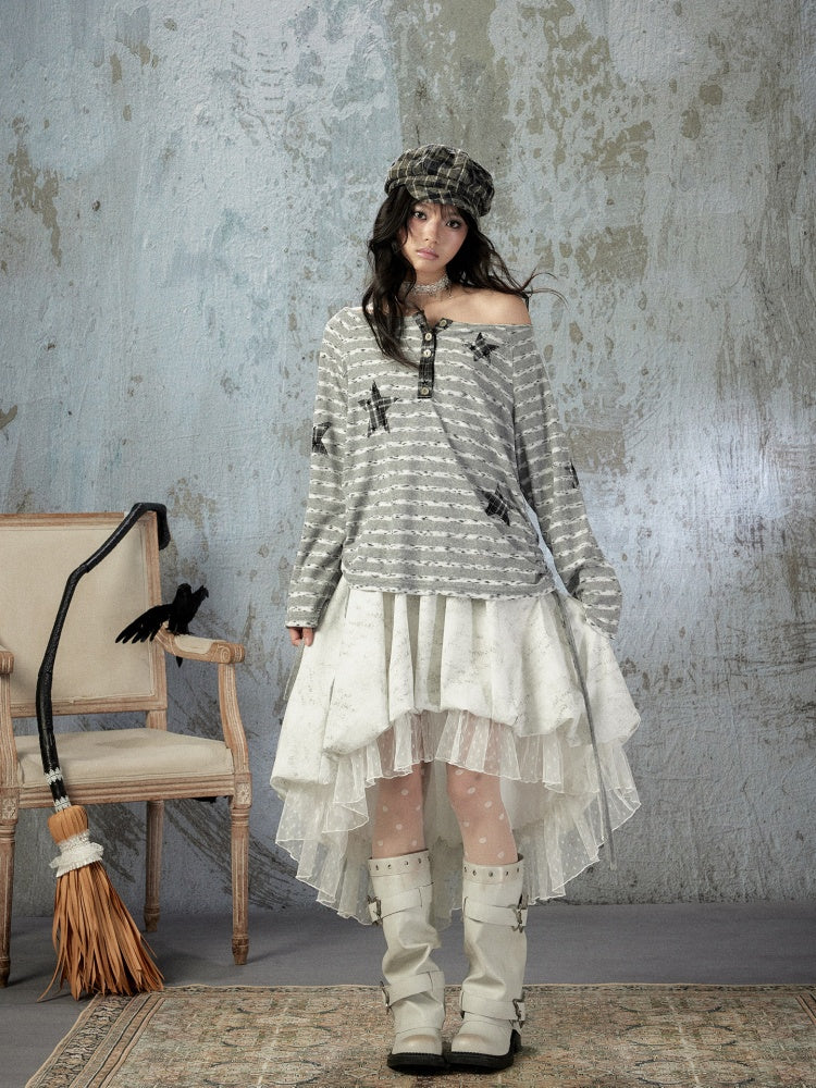 Striped Off-Shoulder Long Sleeve T-Shirt【s0000018583】