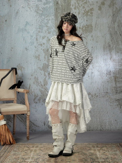 Striped Off-Shoulder Long Sleeve T-Shirt【s0000018583】