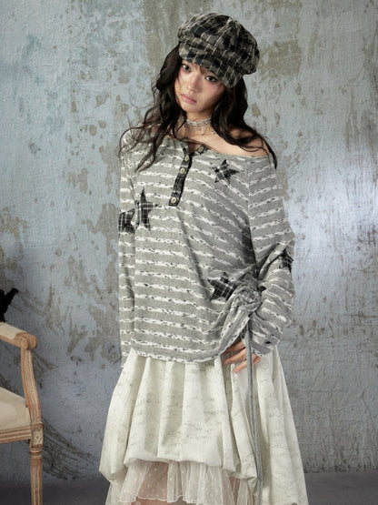 Striped Off-Shoulder Long Sleeve T-Shirt【s0000018583】