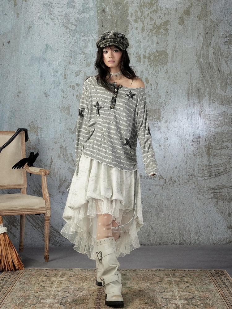 Striped Off-Shoulder Long Sleeve T-Shirt【s0000018583】