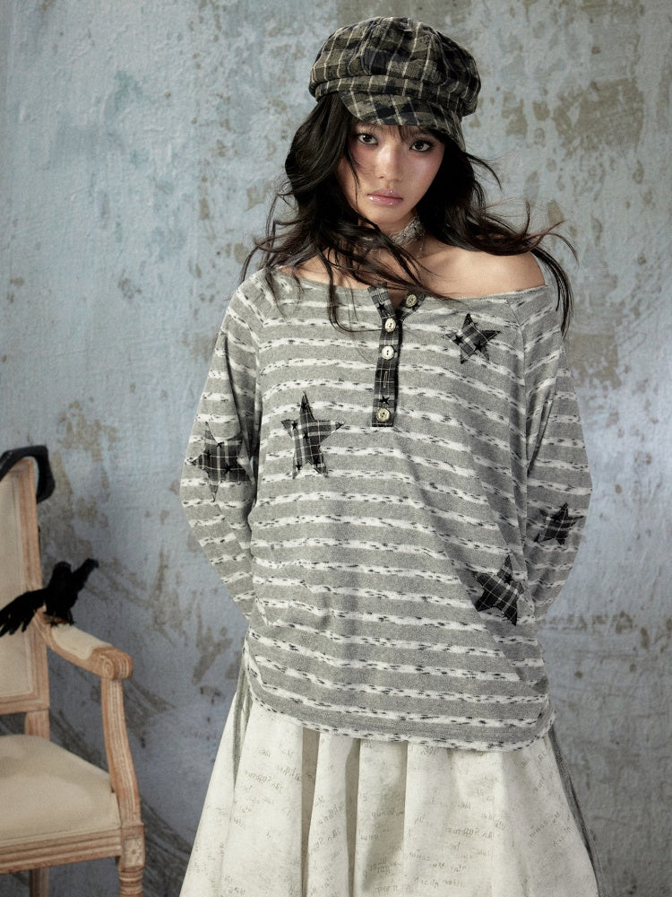 Striped Off-Shoulder Long Sleeve T-Shirt【s0000018583】