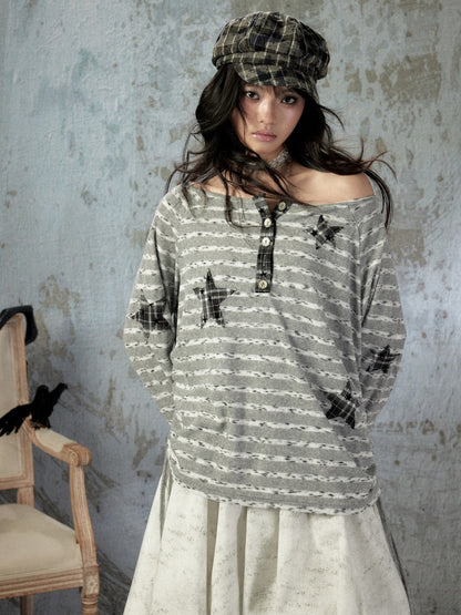 Striped Off-Shoulder Long Sleeve T-Shirt【s0000018583】