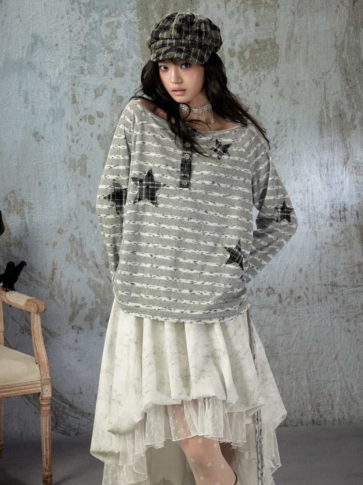 Striped Off-Shoulder Long Sleeve T-Shirt【s0000018583】