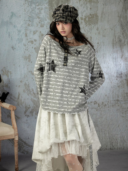 Striped Off-Shoulder Long Sleeve T-Shirt【s0000018583】