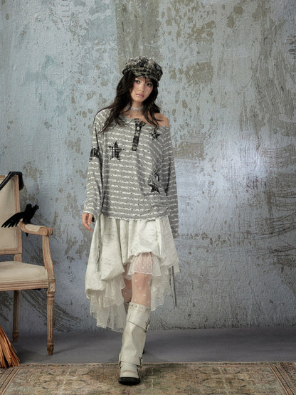 Striped Off-Shoulder Long Sleeve T-Shirt【s0000018583】