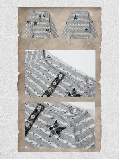 Striped Off-Shoulder Long Sleeve T-Shirt【s0000018583】