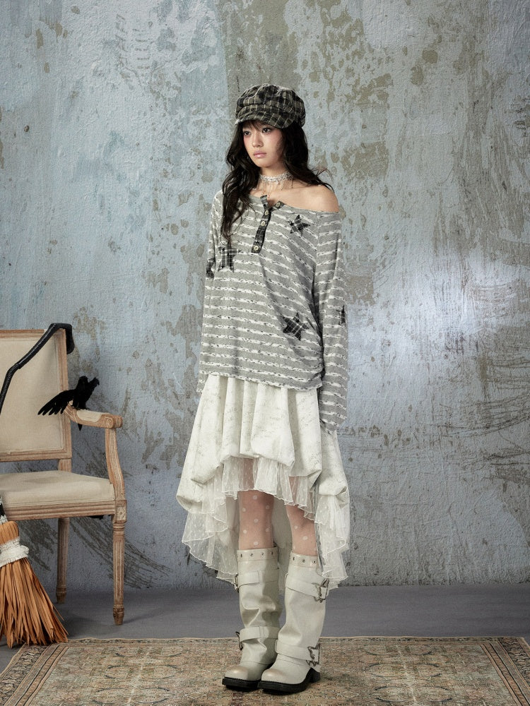 Striped Off-Shoulder Long Sleeve T-Shirt【s0000018583】