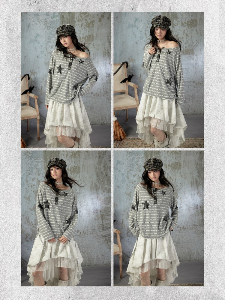 Striped Off-Shoulder Long Sleeve T-Shirt【s0000018583】