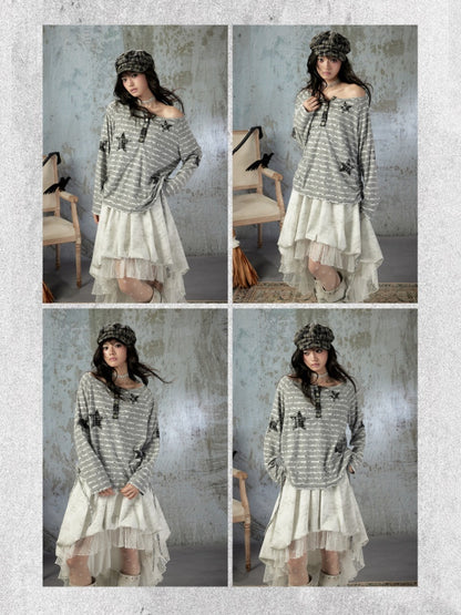 Striped Off-Shoulder Long Sleeve T-Shirt【s0000018583】