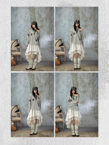 Striped Off-Shoulder Long Sleeve T-Shirt【s0000018583】