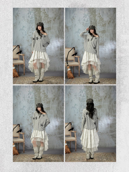 Striped Off-Shoulder Long Sleeve T-Shirt【s0000018583】