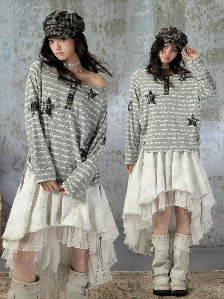 Striped Off-Shoulder Long Sleeve T-Shirt【s0000018583】