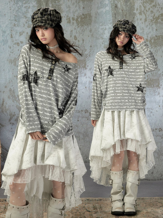 Striped Off-Shoulder Long Sleeve T-Shirt【s0000018583】