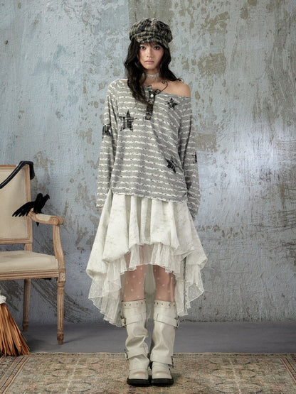 Striped Off-Shoulder Long Sleeve T-Shirt【s0000018583】