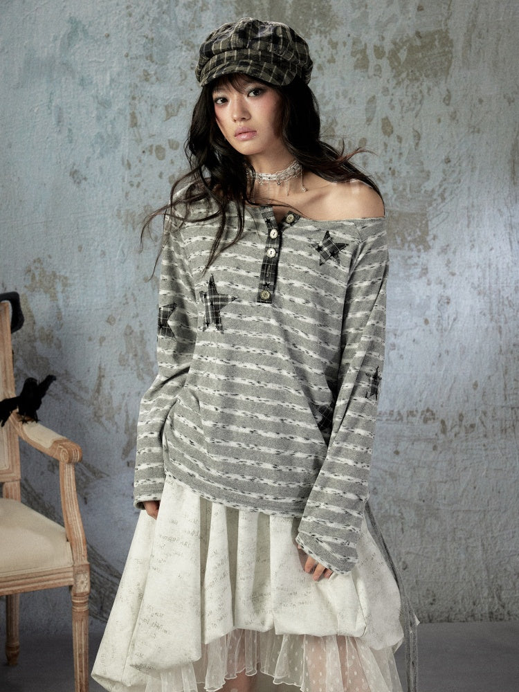 Striped Off-Shoulder Long Sleeve T-Shirt【s0000018583】