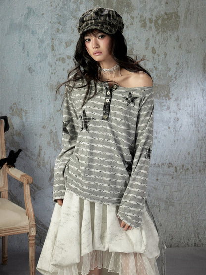 Striped Off-Shoulder Long Sleeve T-Shirt【s0000018583】