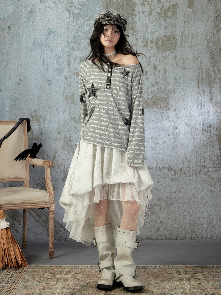 Striped Off-Shoulder Long Sleeve T-Shirt【s0000018583】
