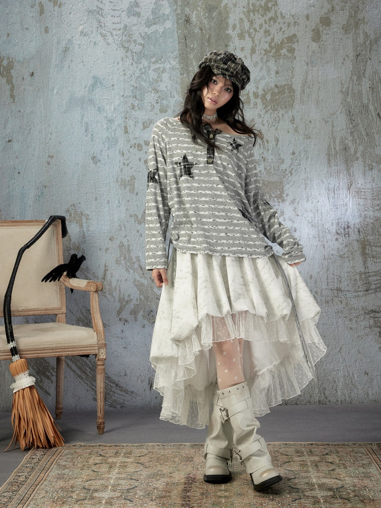 Striped Off-Shoulder Long Sleeve T-Shirt【s0000018583】