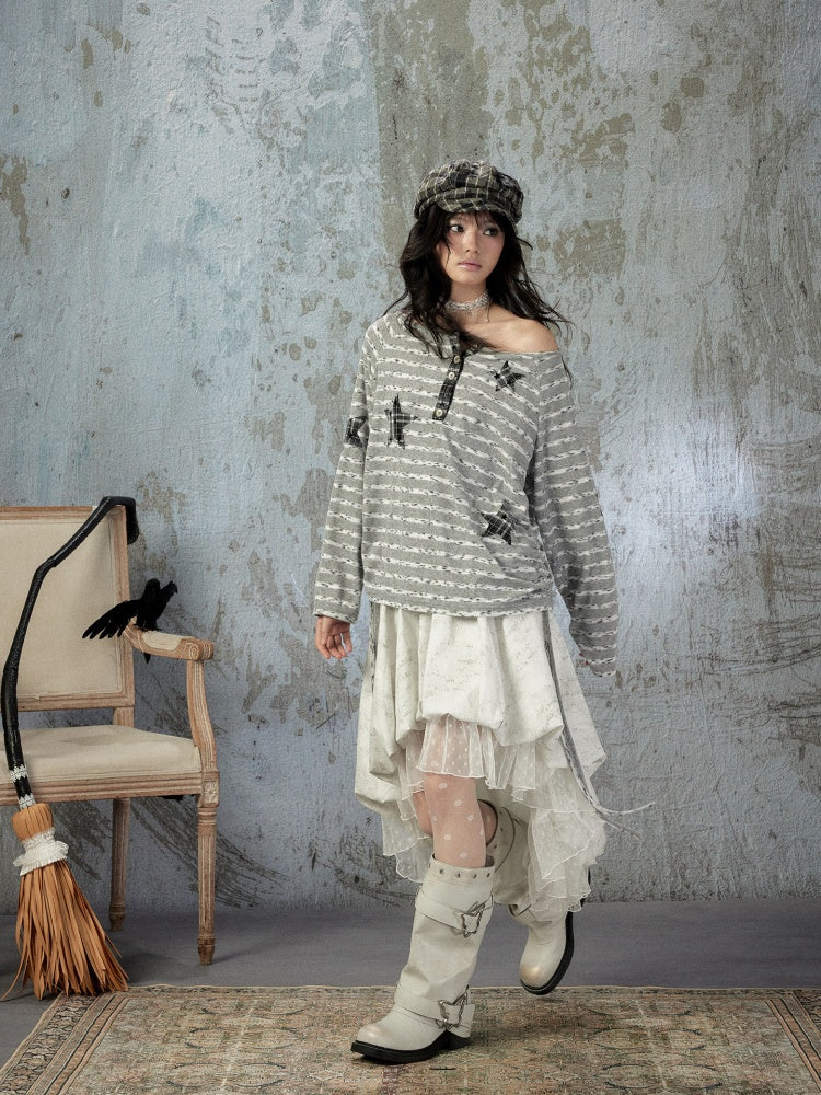 Striped Off-Shoulder Long Sleeve T-Shirt【s0000018583】
