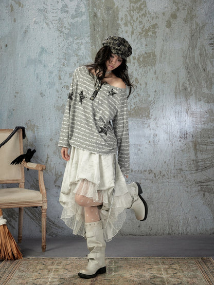 Striped Off-Shoulder Long Sleeve T-Shirt【s0000018583】