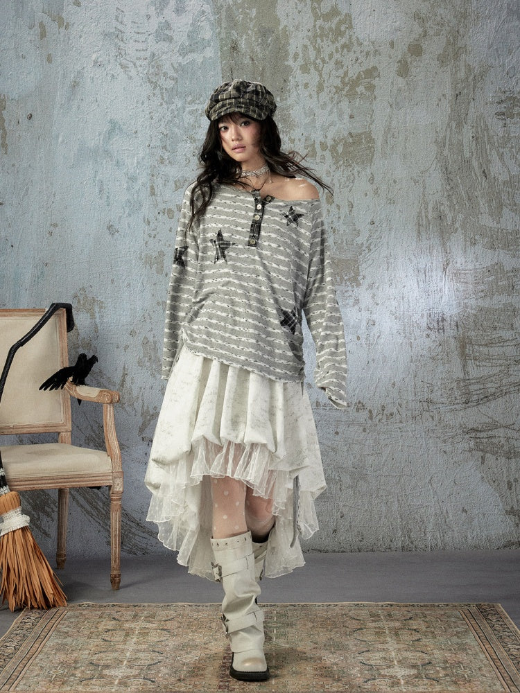Striped Off-Shoulder Long Sleeve T-Shirt【s0000018583】