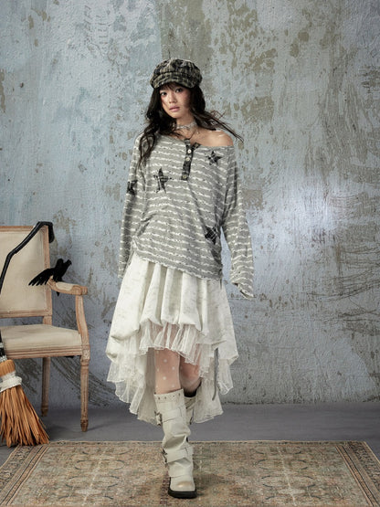 Striped Off-Shoulder Long Sleeve T-Shirt【s0000018583】