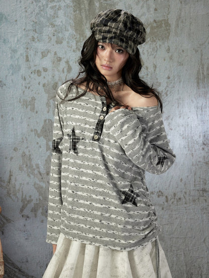 Striped Off-Shoulder Long Sleeve T-Shirt【s0000018583】