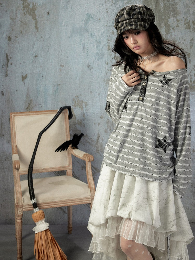 Striped Off-Shoulder Long Sleeve T-Shirt【s0000018583】