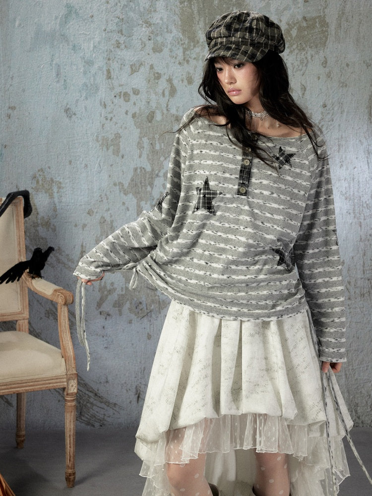 Striped Off-Shoulder Long Sleeve T-Shirt【s0000018583】