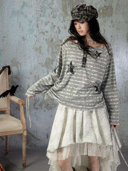 Striped Off-Shoulder Long Sleeve T-Shirt【s0000018583】