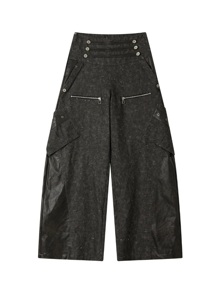 High-Waisted Patchwork Ripped Black Cargo Pants【s0000018585】