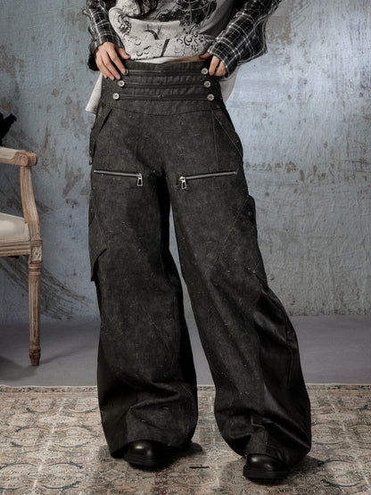 High-Waisted Patchwork Ripped Black Cargo Pants【s0000018585】