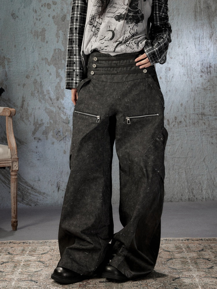 High-Waisted Patchwork Ripped Black Cargo Pants【s0000018585】