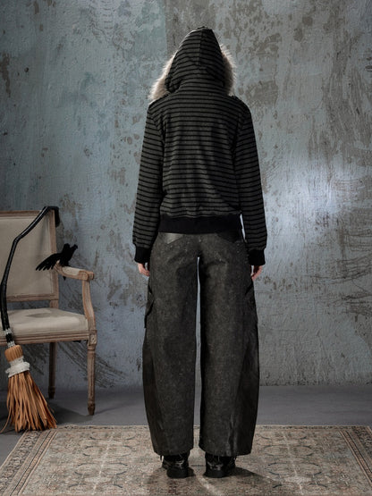 High-Waisted Patchwork Ripped Black Cargo Pants【s0000018585】