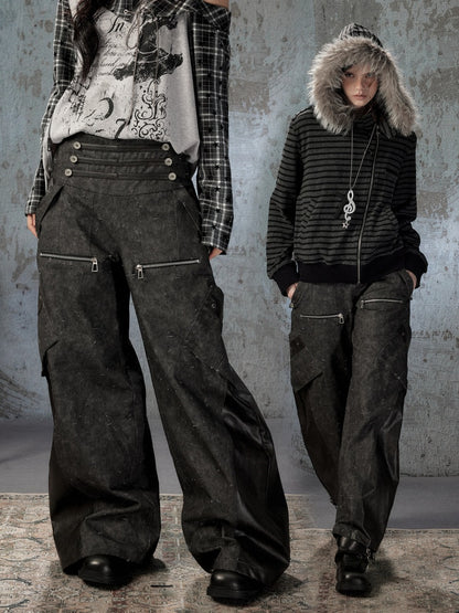 High-Waisted Patchwork Ripped Black Cargo Pants【s0000018585】