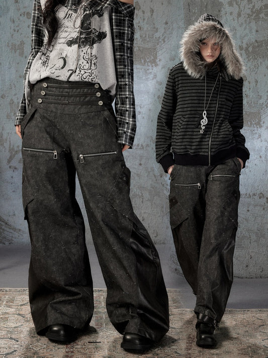 High-Waisted Patchwork Ripped Black Cargo Pants【s0000018585】