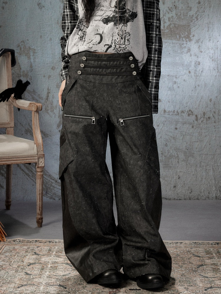 High-Waisted Patchwork Ripped Black Cargo Pants【s0000018585】