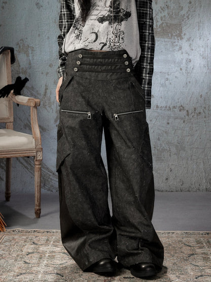 High-Waisted Patchwork Ripped Black Cargo Pants【s0000018585】