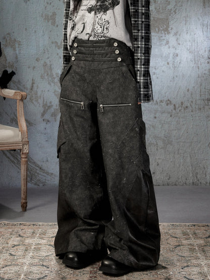 High-Waisted Patchwork Ripped Black Cargo Pants【s0000018585】