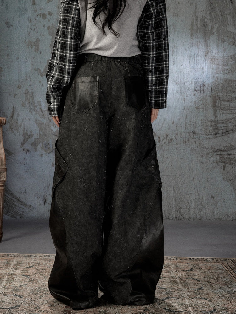 High-Waisted Patchwork Ripped Black Cargo Pants【s0000018585】